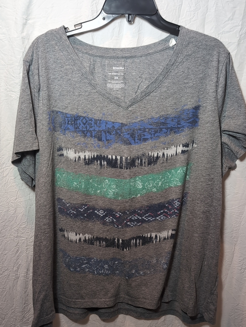 SONOMA Gray V-Neck Tee with Blue and Green Chevron Stripes